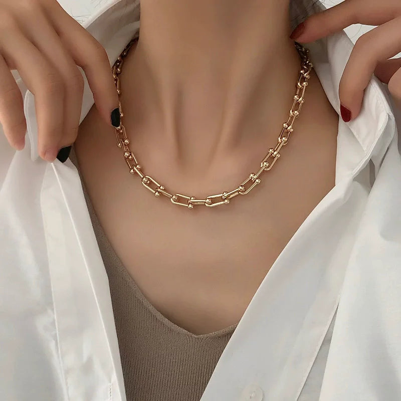 316L Stainless Steel U-Shape Thick Chain Jewelry Set – Necklace, Bracelet & Earrings for Wedding