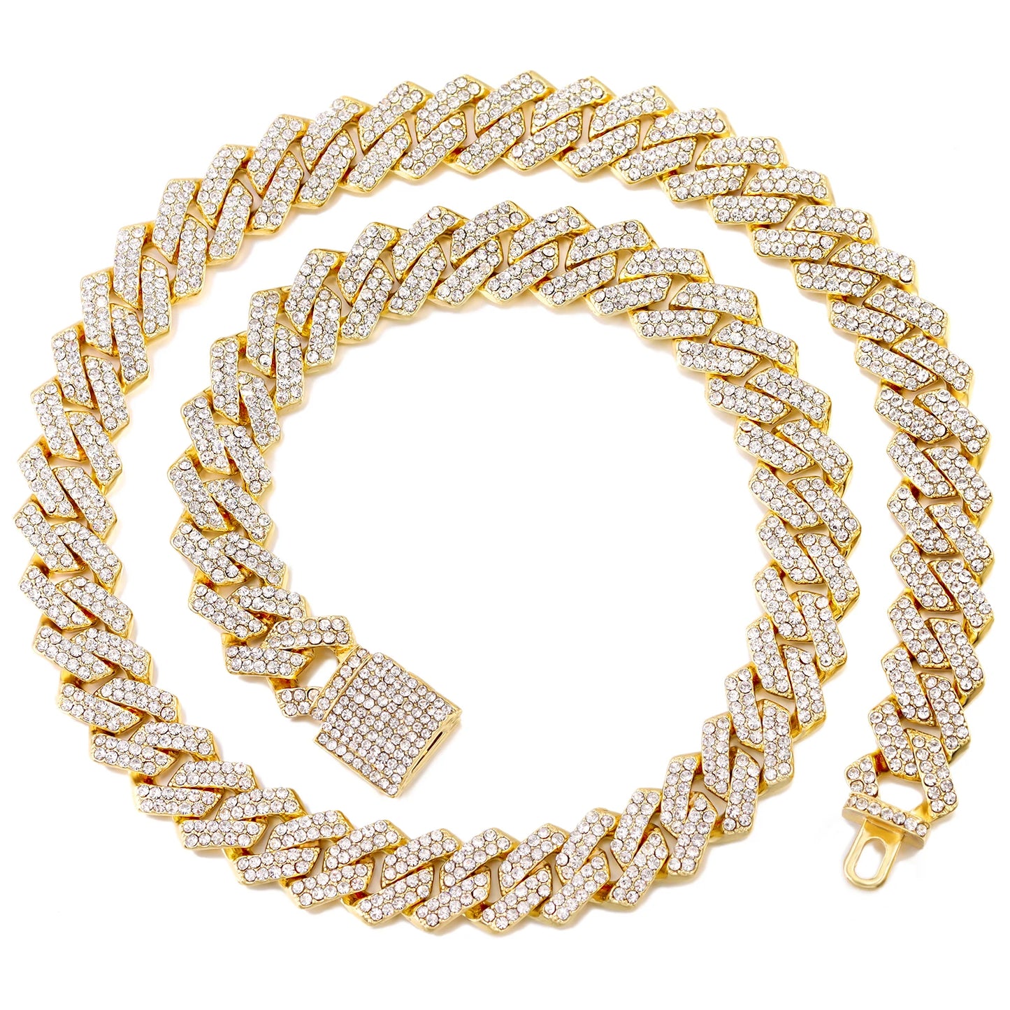 Prong Cuban Link Chain Necklace – 2-Row Iced Out Rhinestone Hip Hop Jewelry for Men & Women