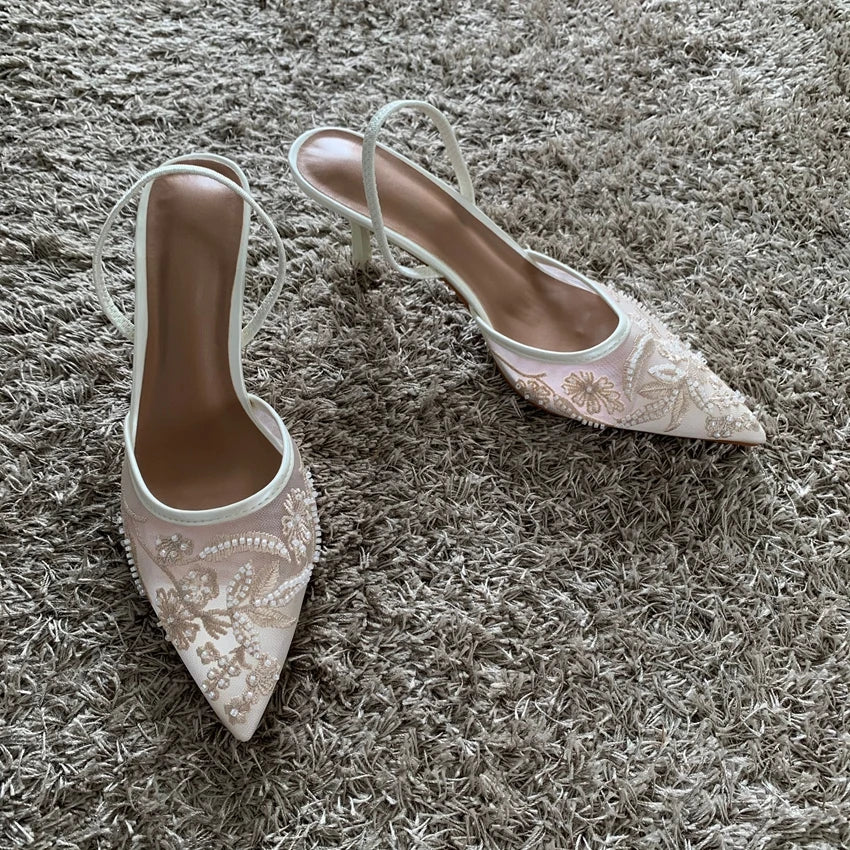 Mesh Embroidered High Heels – Sexy Summer 2025 Slingback Pointed Toe Dress Sandals for Women