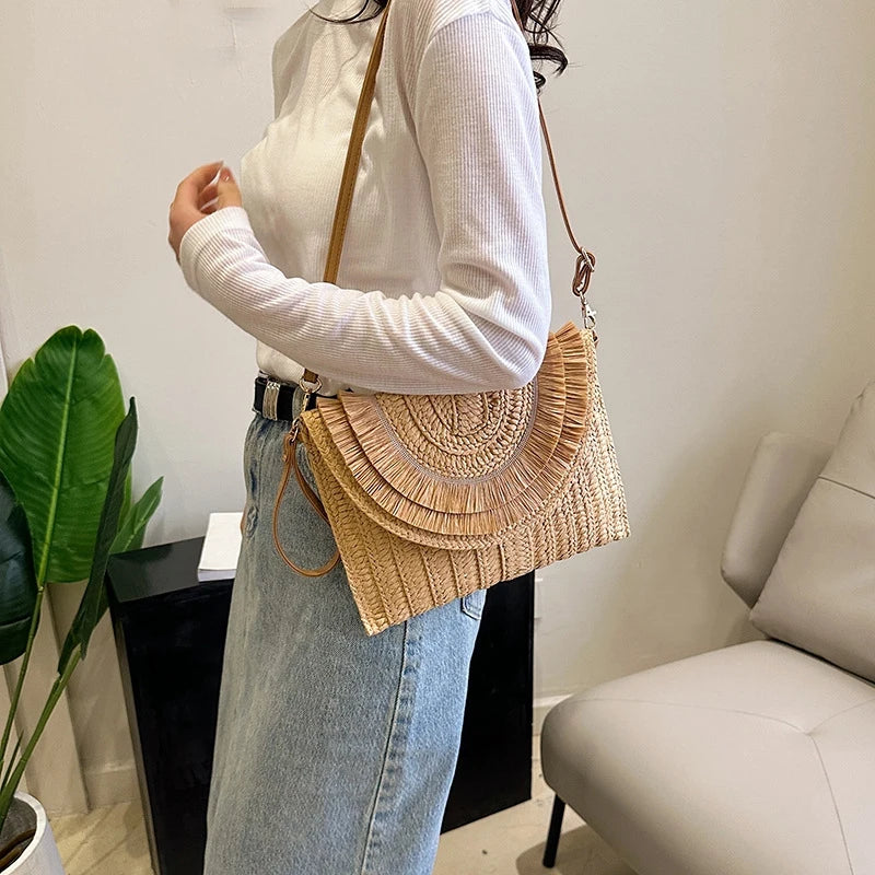Raffia Straw Woven Wrist Clutch & Shoulder Crossbody Bag – Handmade Summer Beach Purse for Women