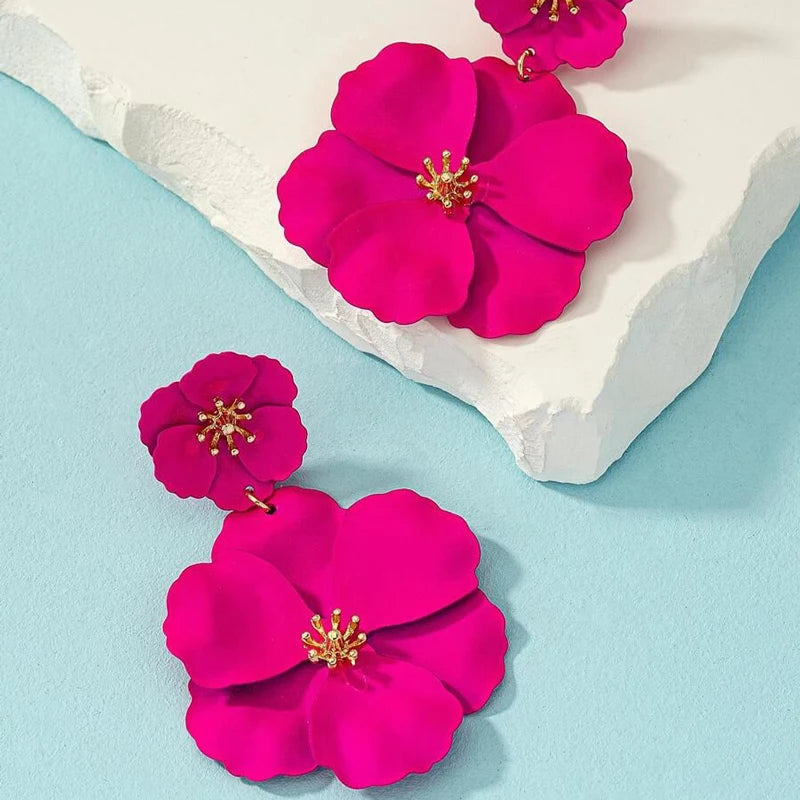 Fuchsia Flower Drop Earrings – Gold Plated Bridal & Holiday Jewelry