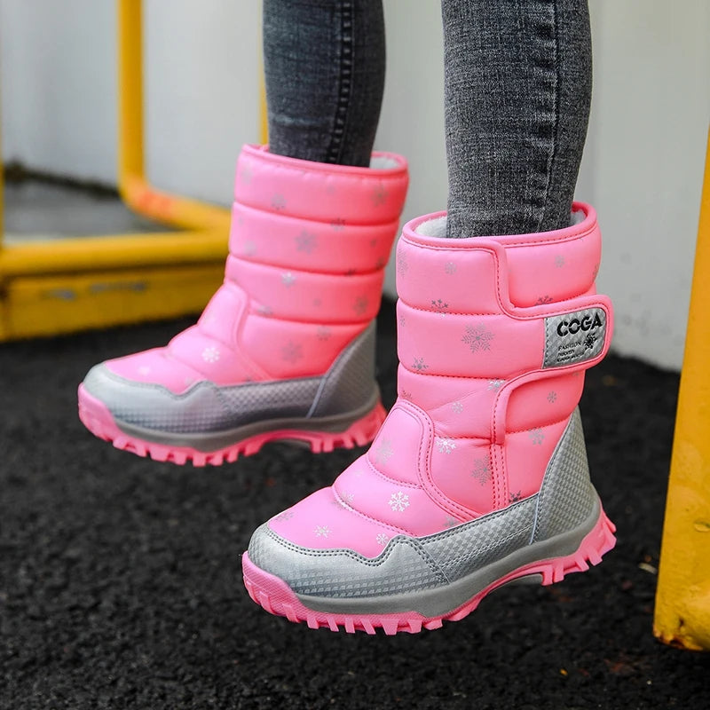 Winter Kids Snow Boots – Warm Plush Pink Ankle Shoes for Girls Boys, Non-Slip Outdoor Footwear