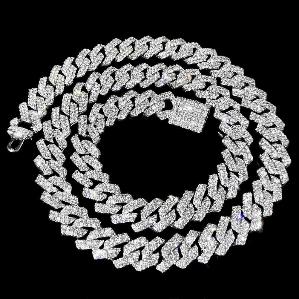 Prong Cuban Link Chain Necklace – 2-Row Iced Out Rhinestone Hip Hop Jewelry for Men & Women
