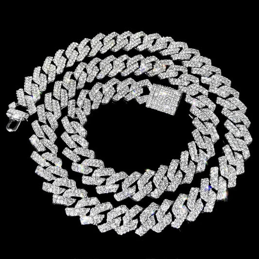 Prong Cuban Link Chain Necklace – 2-Row Iced Out Rhinestone Hip Hop Jewelry for Men & Women
