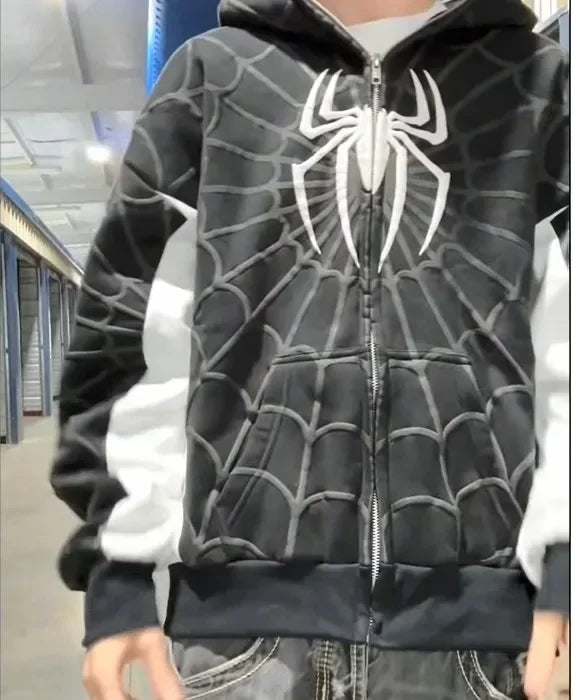 Unisex Spider Print Zip Up Hoodie – Y2K Harajuku Streetwear Jacket