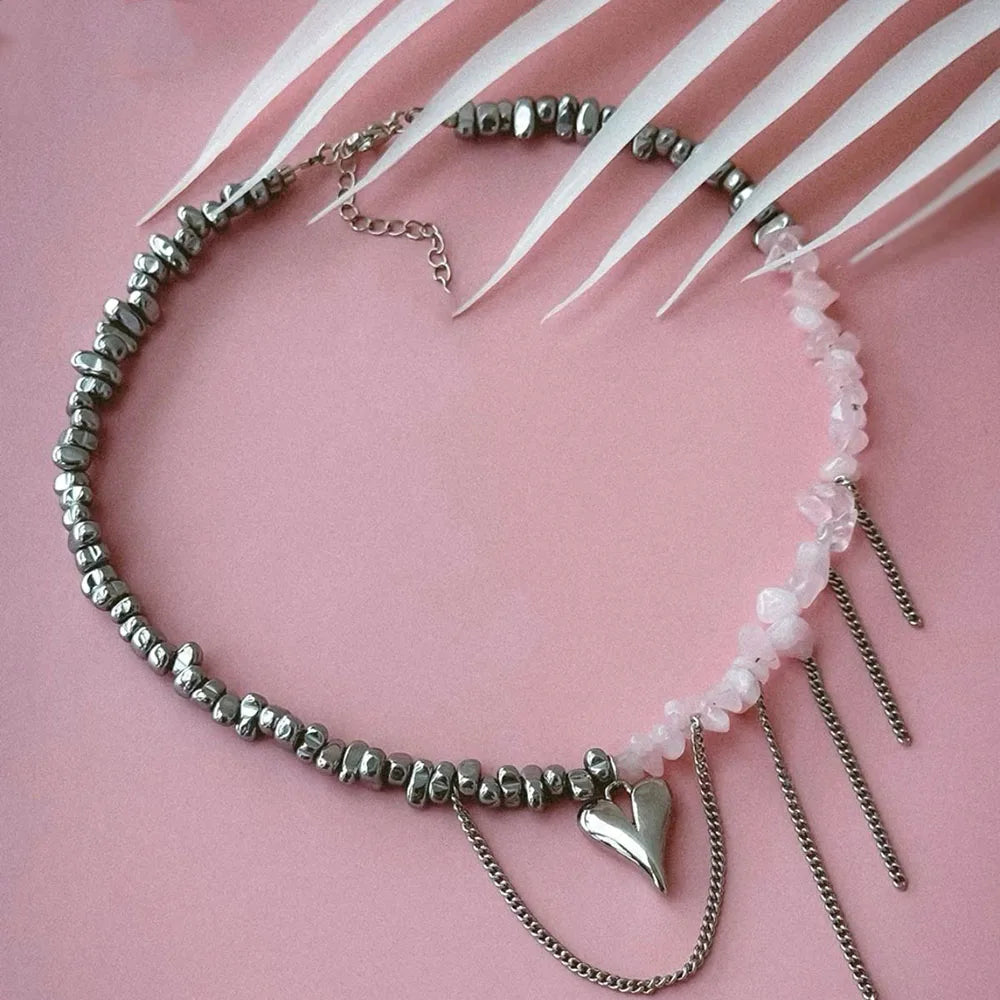 Elegant Irregular CCB & Pink Stone Beads Heart Pendant Necklace – Women’s Choker for Dinner & Valentine’s