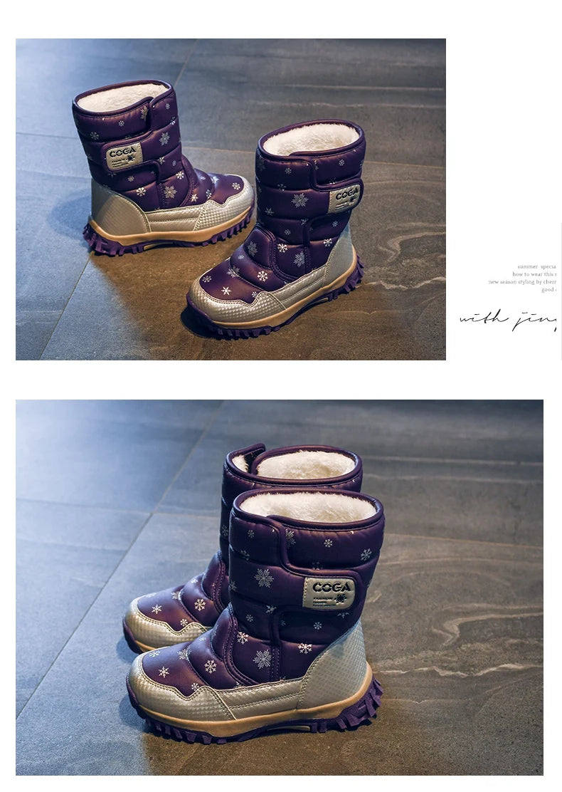 Winter Kids Snow Boots – Warm Plush Pink Ankle Shoes for Girls Boys, Non-Slip Outdoor Footwear