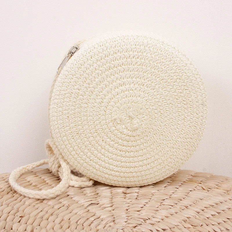Round Straw Woven Beach Crossbody Bag – Cute Rattan Shoulder Handbag for Women