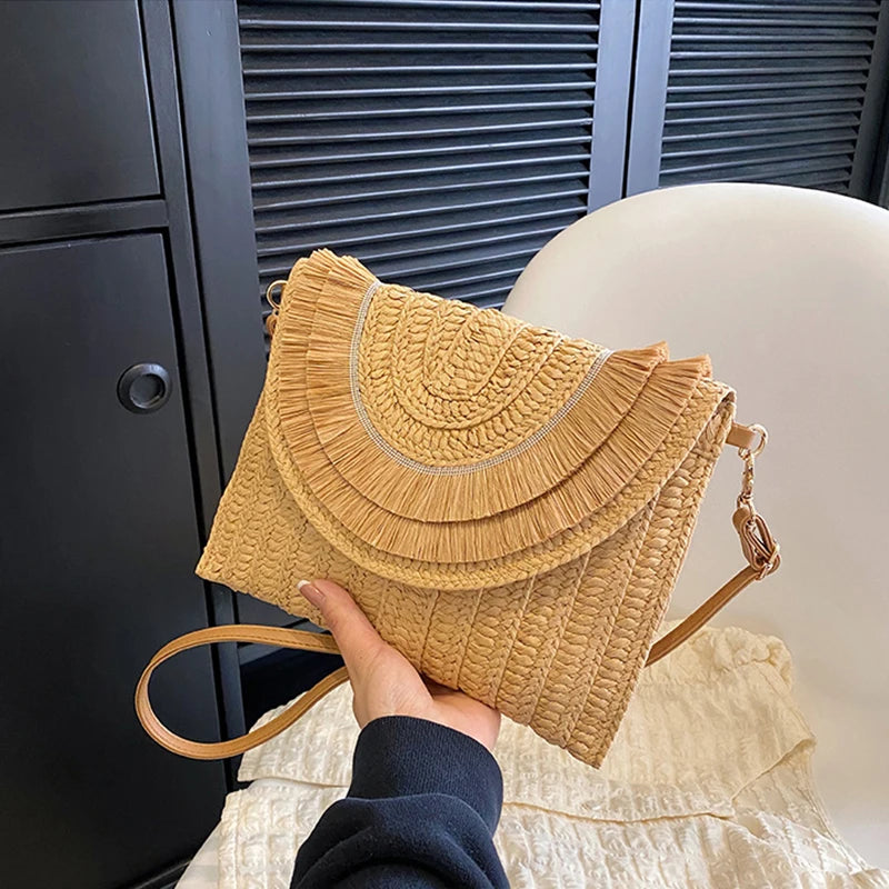 Raffia Straw Woven Wrist Clutch & Shoulder Crossbody Bag – Handmade Summer Beach Purse for Women