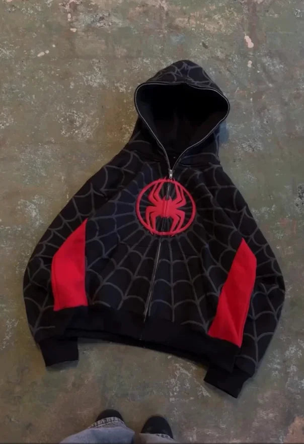 Y2K American Spider Embroidered Zip-Up Hoodie – Gothic Harajuku Casual Sweatshirt for Men & Women