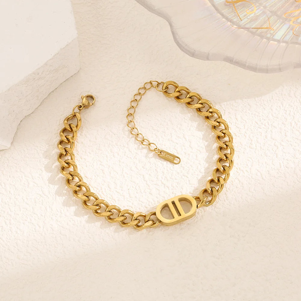 Gold Plated Stainless Steel Cuban Chain Bracelet – Waterproof Jewelry for Women