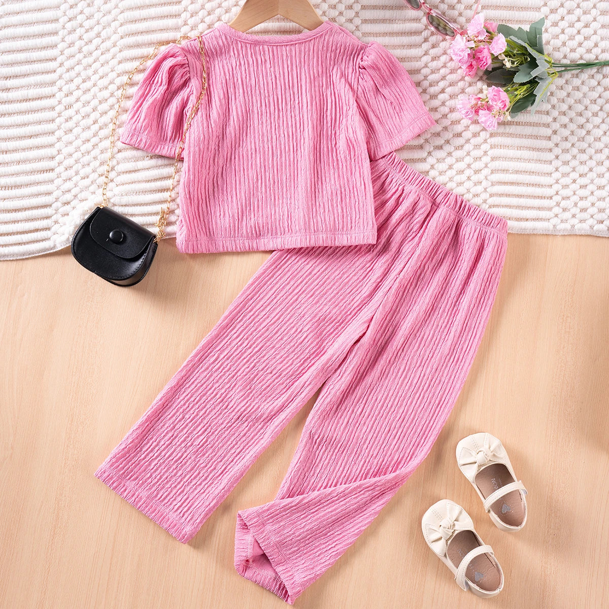 Girls Solid Color Suspenders Dress Set – Ruffles Top & Wide Leg Pants, Elegant Summer Outfit