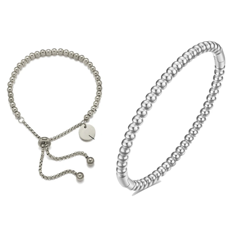 Stainless Steel Golden Bead Bracelet – Adjustable Women’s Fashion Jewelry