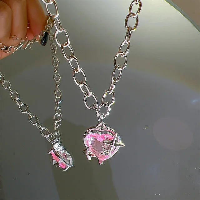 Y2K Pink Planet Heart Zircon Pendant Necklace – Aesthetic Clavicle Jewelry for Women