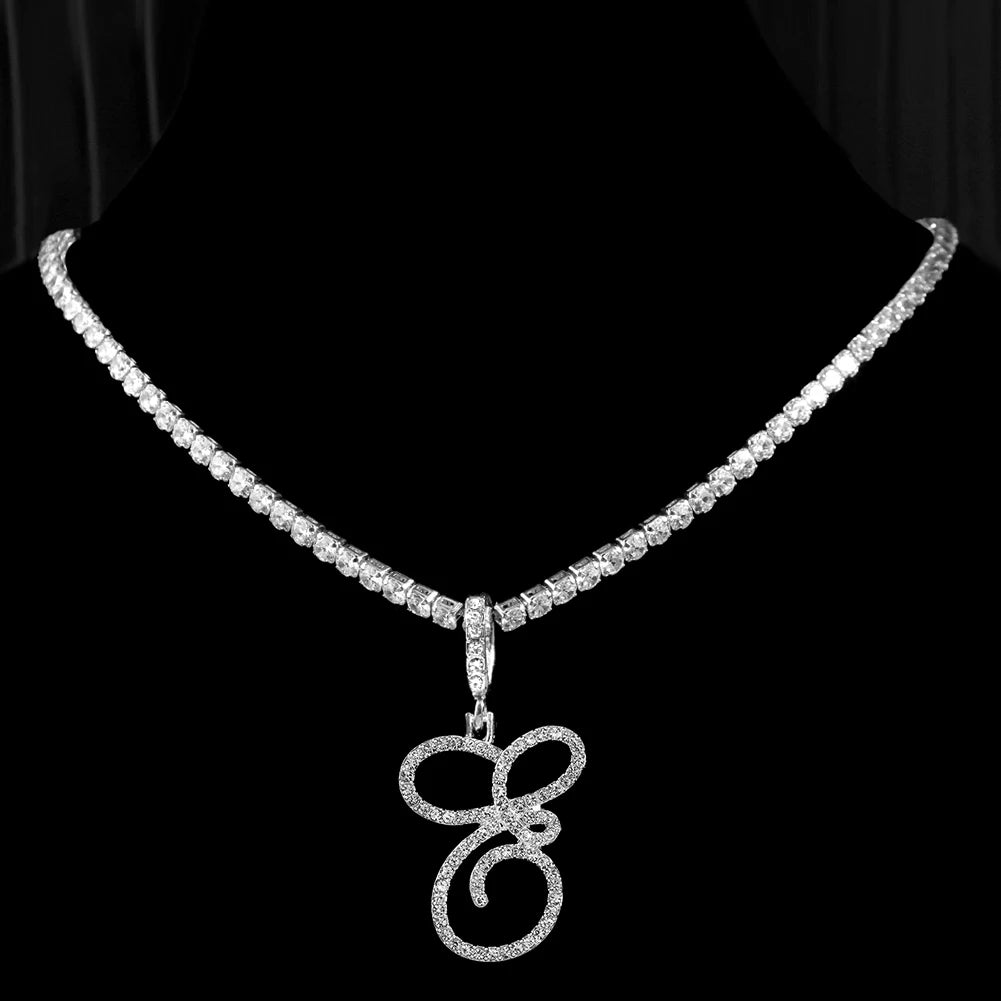 Cursive Letter Name Necklace – CZ Alphabet Pendant Hip Hop Jewelry