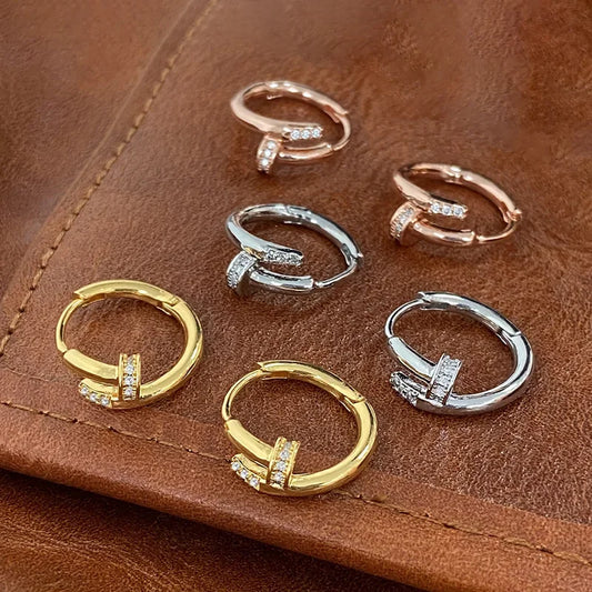 925 Sterling Silver Zircon Nail Hoop Earrings – Minimalist Trendy Jewelry for Women