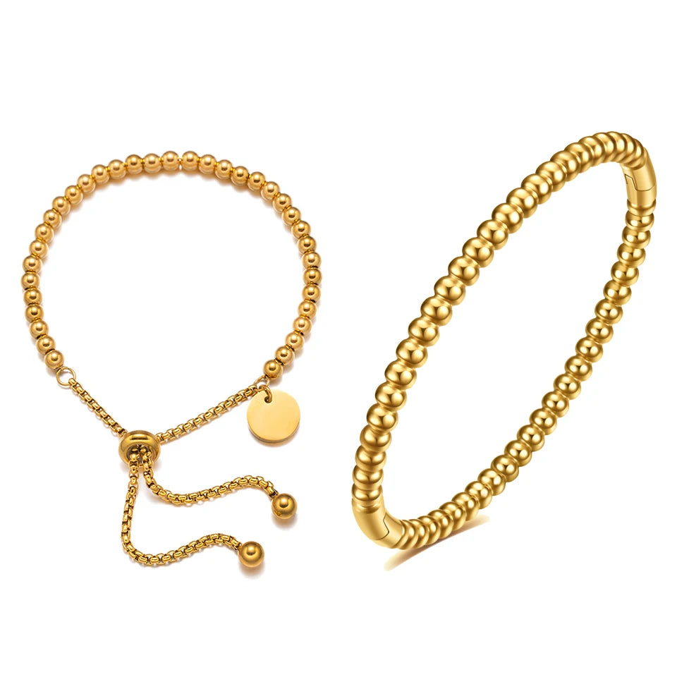Stainless Steel Golden Bead Bracelet – Adjustable Women’s Fashion Jewelry