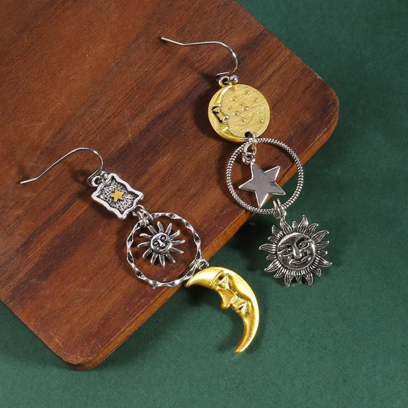 Greek Mythology Sun & Moon Face Earrings – Asymmetric Creative Pendant Jewelry for Women