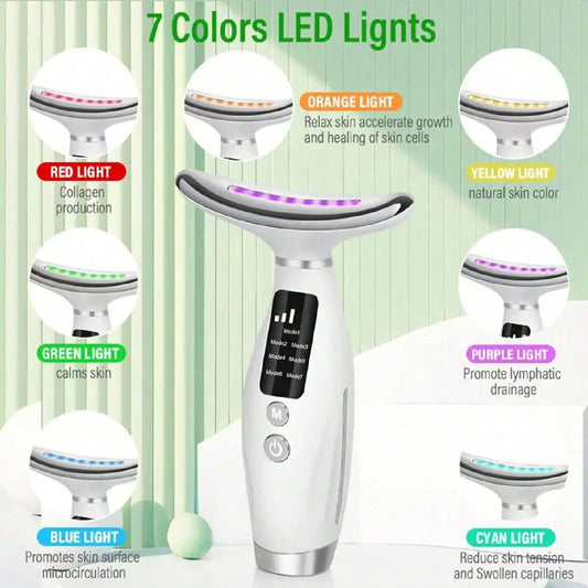 Colour Light Face & Neck Beauty Instrument – 7 Modes, 7 Speed Settings, Curved Hand Grip for Skin Rejuvenation & Lifting