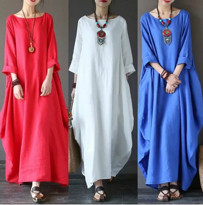 Vintage Cotton Linen Maxi Dress – Loose Fit & Summer Style