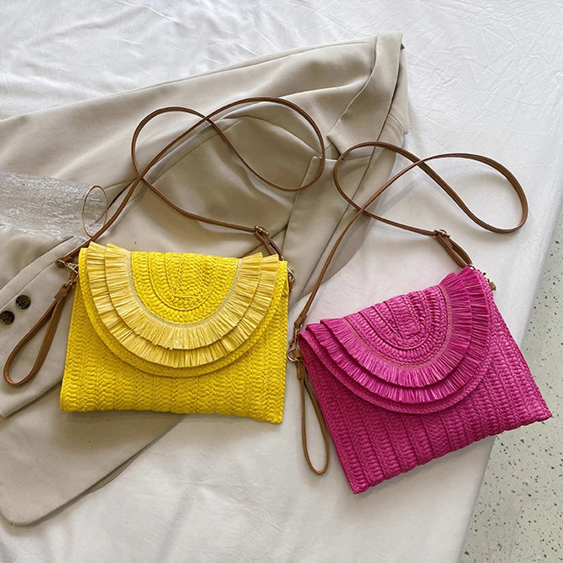 Raffia Straw Woven Wrist Clutch & Shoulder Crossbody Bag – Handmade Summer Beach Purse for Women