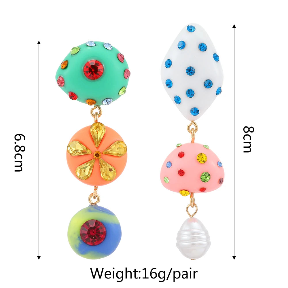 Cute Multicolor Resin Dangle Earrings – Asymmetrical Rhinestone Women’s Jewelry