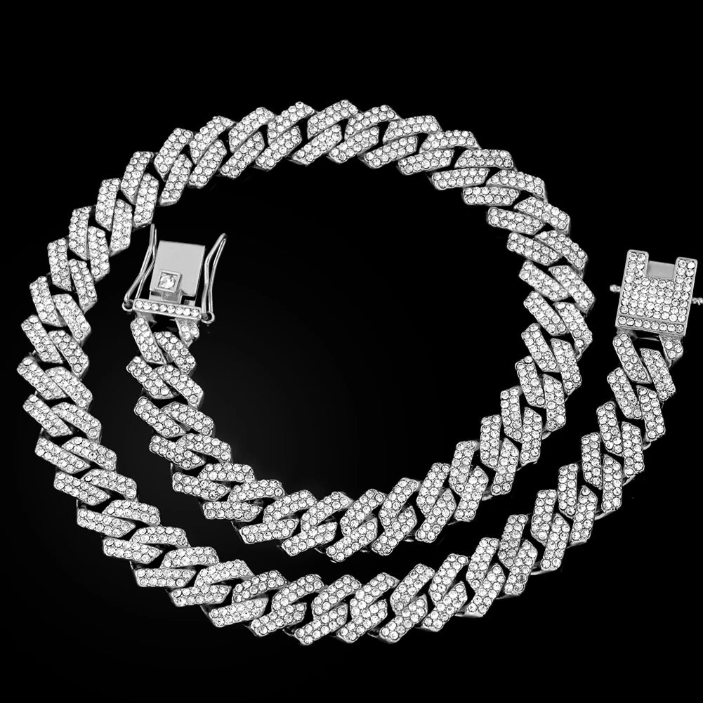 Prong Cuban Link Chain Necklace – 2-Row Iced Out Rhinestone Hip Hop Jewelry for Men & Women