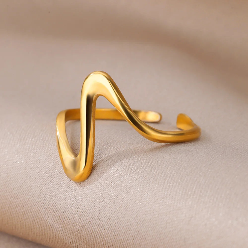Gold Stainless Steel Open Ring – Waterproof Women’s Wedding Band Jewelry