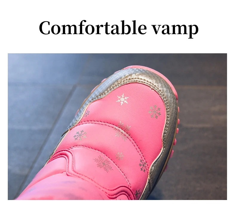 Winter Kids Snow Boots – Warm Plush Pink Ankle Shoes for Girls Boys, Non-Slip Outdoor Footwear