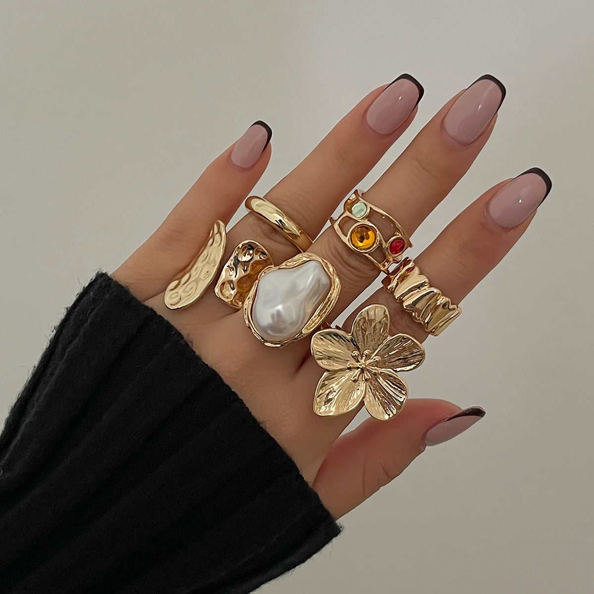 Ingemark 2025 Irregular Metal Flower Open Ring – Elegant Baroque Pearl Jewelry for Women