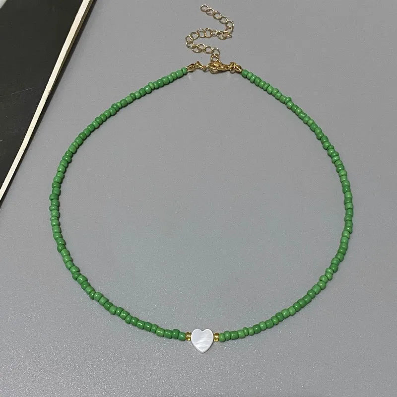 Nature Shell Love Heart Choker Necklace – Colorful Glass Beads Spring Summer Gift for Girls