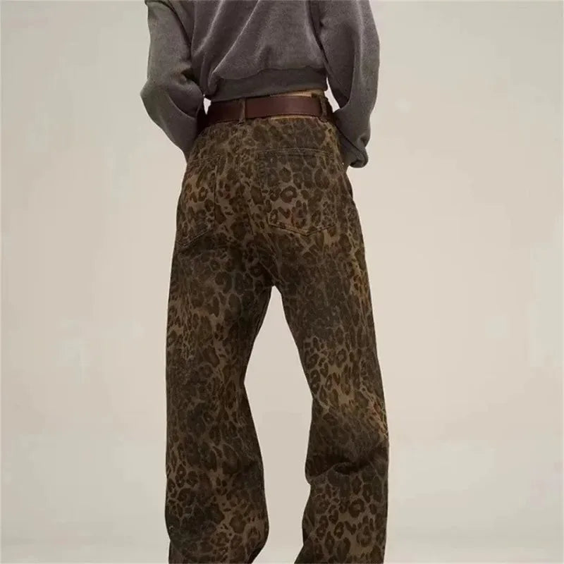 Leopard Print Wide Leg Jeans – Oversized Vintage Streetwear