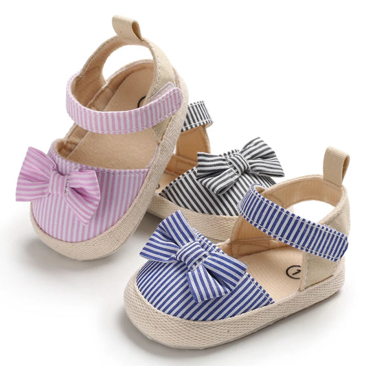 Baby Girl Summer Sandals – Soft Sole Bow Canvas Shoes