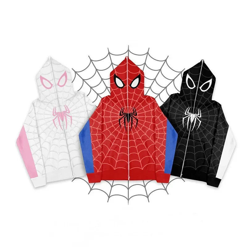 Y2K Red Spider Web Hoodie – Foam Print Harajuku Punk Grunge Zip-Up Sweatshirt for Women.