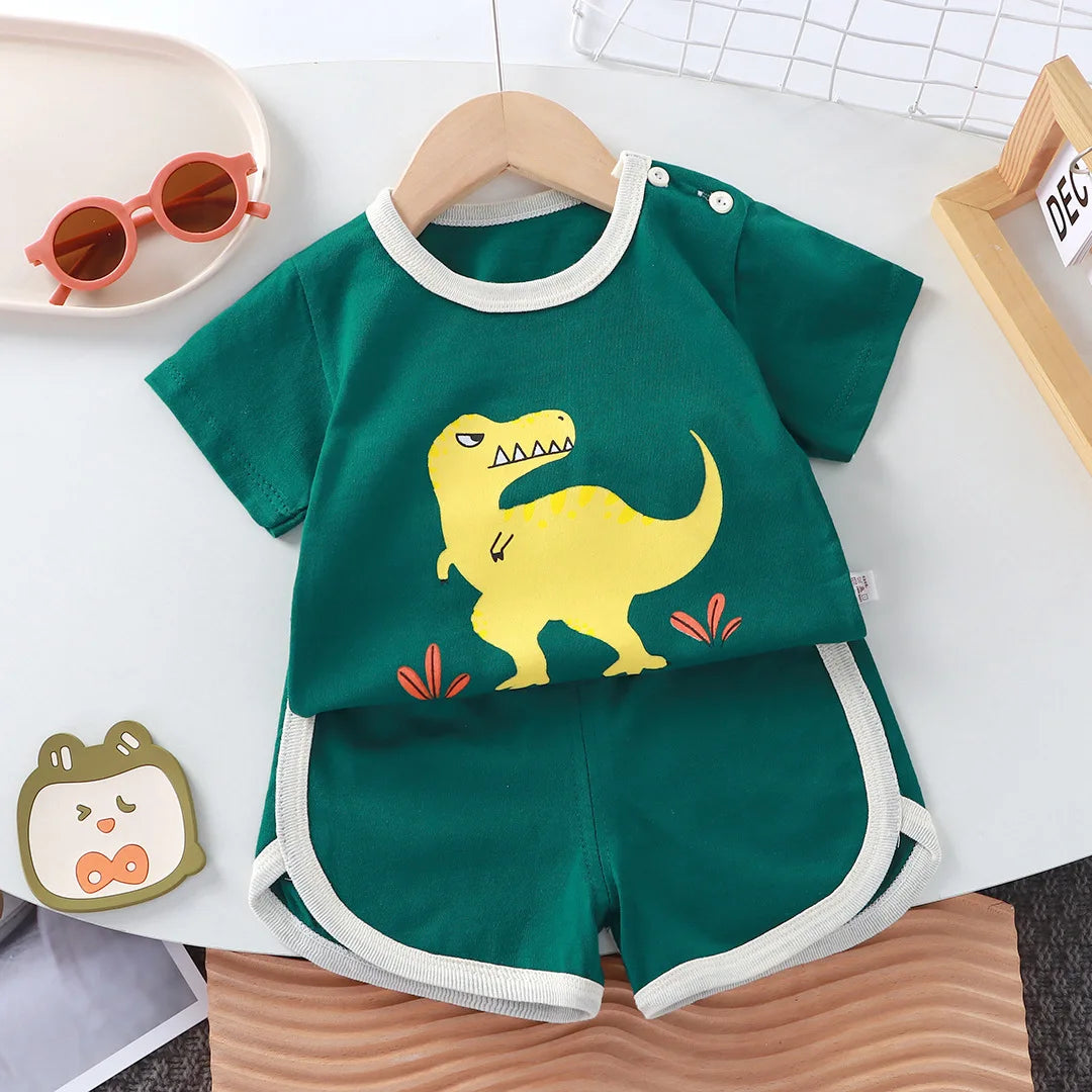 Summer Cotton Cartoon Baby Outfit – 2-Piece T-Shirt & Shorts Set for Girls & Boys (0-4 Years)