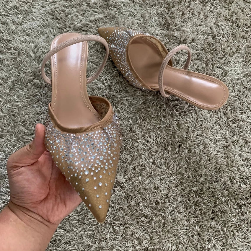 Rhinestone Mesh High Heels – Elegant Summer Slingback Pointed Toe Party Pumps for Women