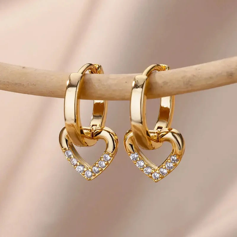 Gold Heart Zircon Hoop Earrings – Waterproof Stainless Steel Jewelry
