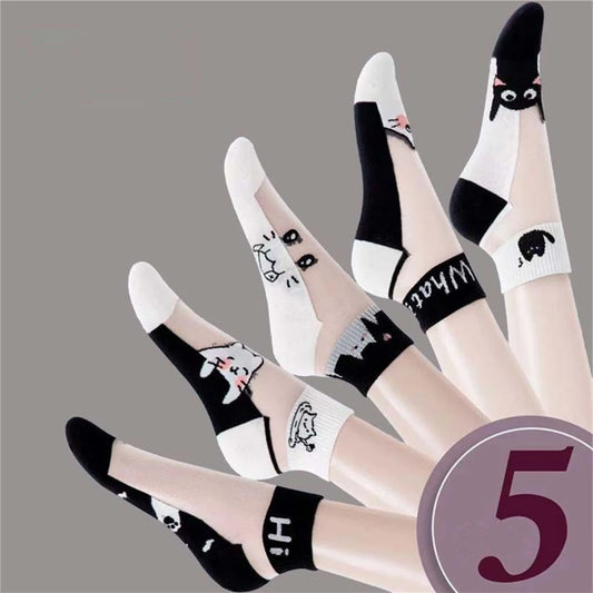 Sheer Cat Print Ankle Socks – 5 Pairs Breathable Summer Set