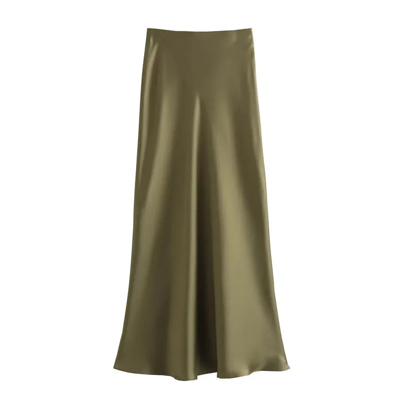 MUJER 2025 Satin High Waist Midi Skirt – Elegant Summer Office Skirt for Women