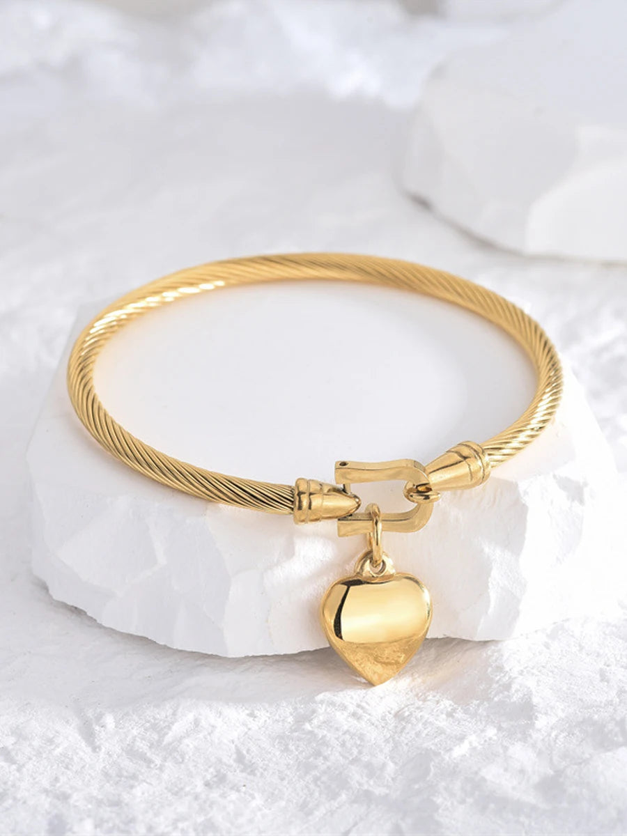 18K Gold Stainless Steel Heart Charm Bangle – Unisex Bracelet