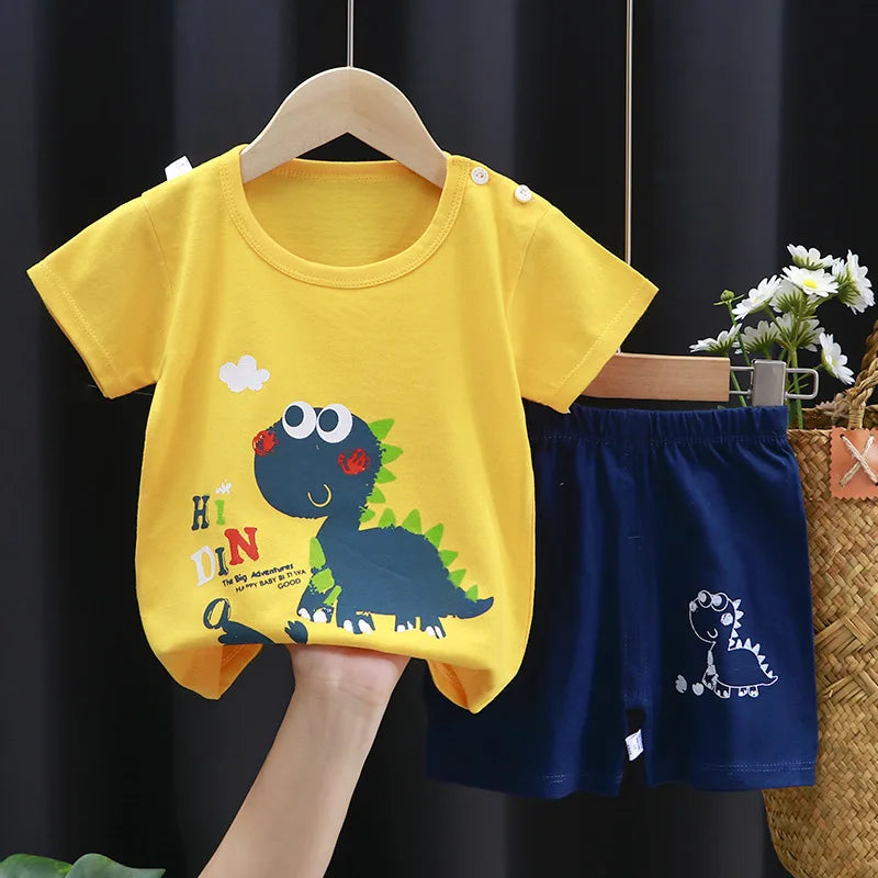 Cartoon Print Cotton Toddler Outfit – 2-Piece Contrast T-Shirt & Shorts Set