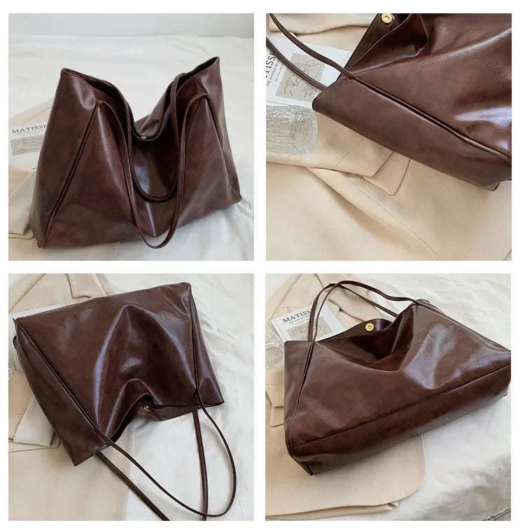 Women’s Retro PU Leather Tote – Large Soft Shoulder/Crossbody Bucket Bag