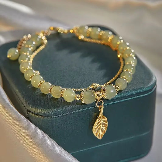 Chinese Style Green Jade Double Chain Bracelet – Gold Leaf W  rist Bangle for Women