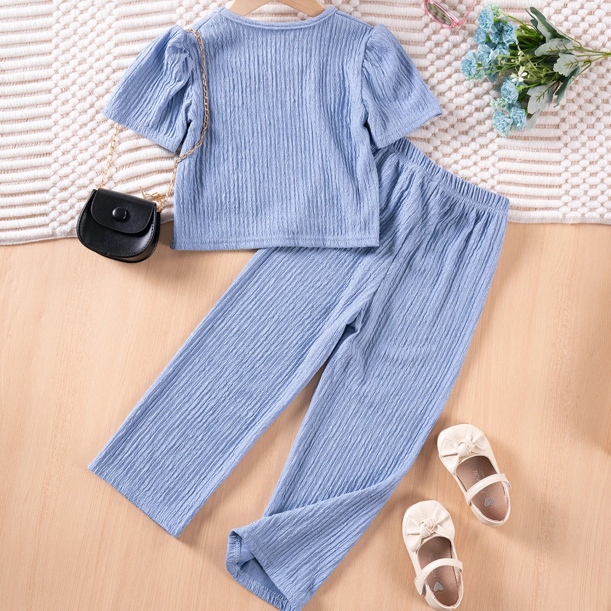 Girls Solid Color Suspenders Dress Set – Ruffles Top & Wide Leg Pants, Elegant Summer Outfit
