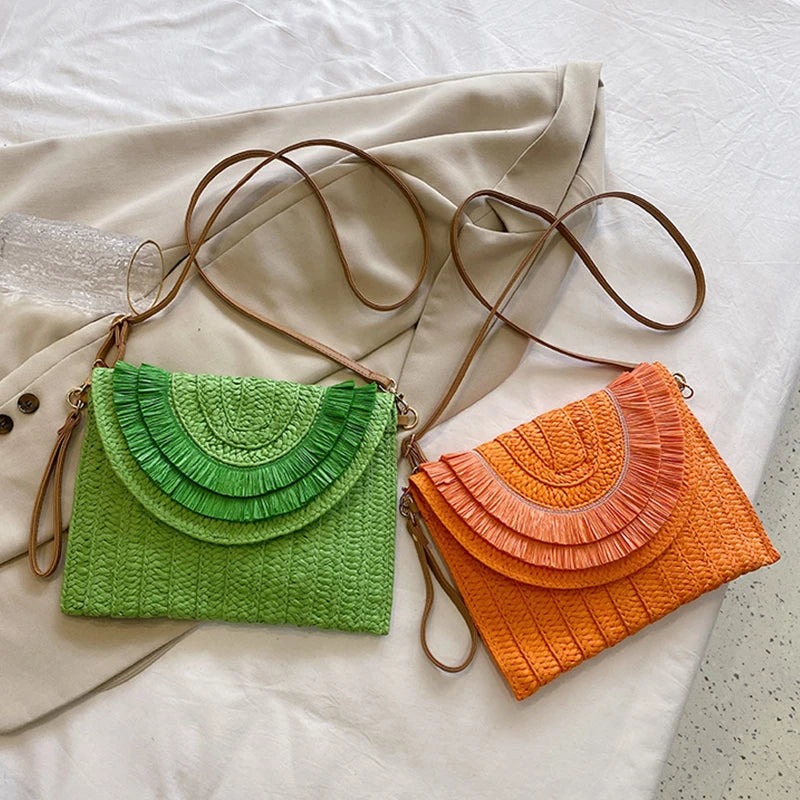 Raffia Straw Woven Wrist Clutch & Shoulder Crossbody Bag – Handmade Summer Beach Purse for Women