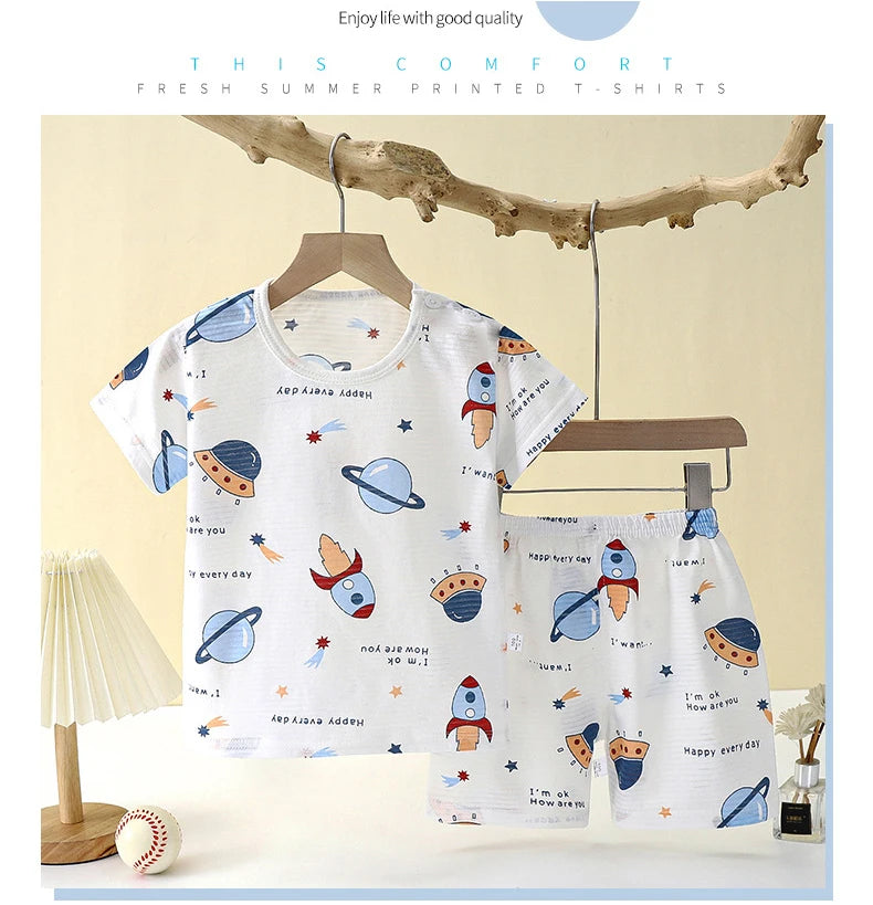 Children’s Summer Cotton Sleepwear Set – Short Sleeve T-Shirt & Shorts for Boys & Girls