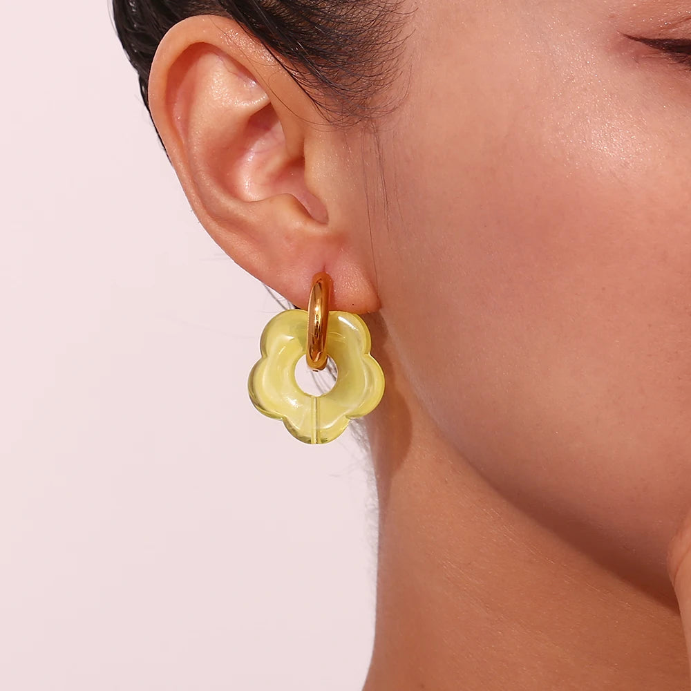 Colorful Resin Flower Hoop Earrings – Waterproof Stainless Steel Women’s Jewelry