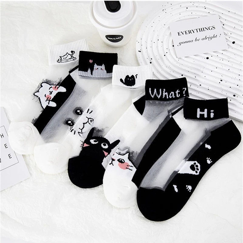 Sheer Cat Print Ankle Socks – 5 Pairs Breathable Summer Set