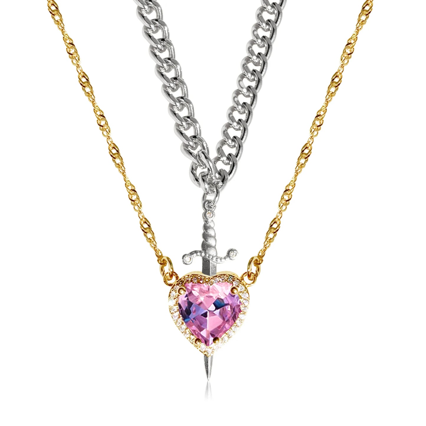 Heart & Sword Couple Necklace – 18K Gold Plated Stainless Steel Zircon Jewelry Set