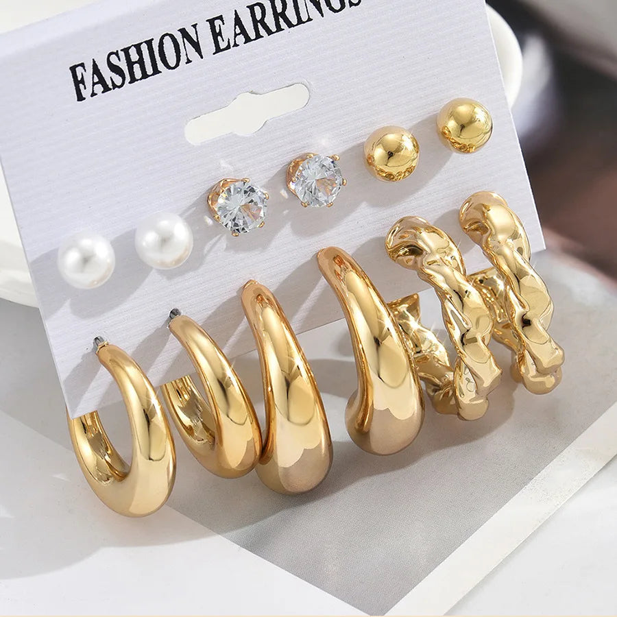 6Pcs Gold Plated C-Shape Hoop Earrings Set – Vintage Geometry Women’s Jewelry